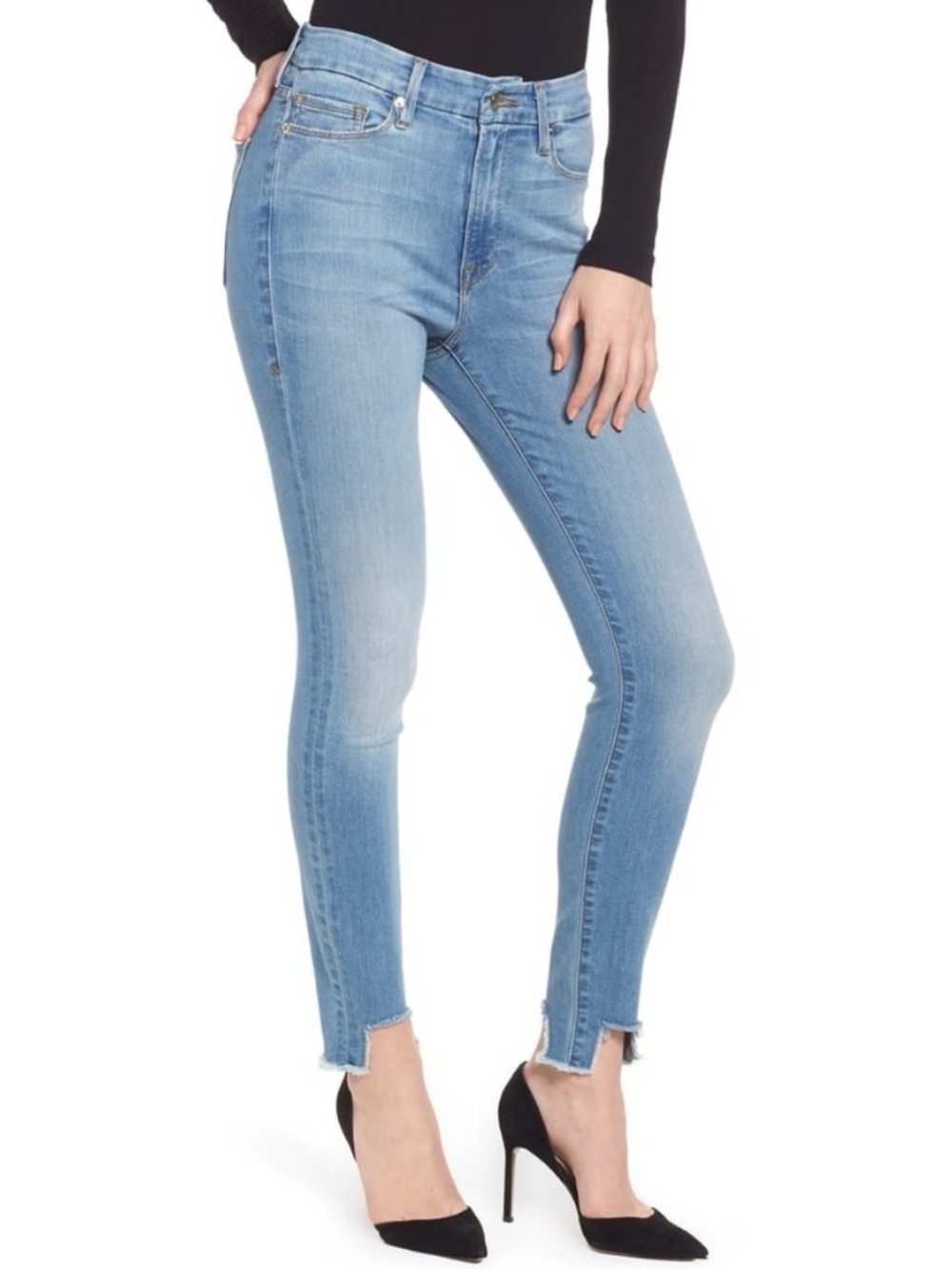 Good American Good Waist Skinny Jeans High Rise Raw Hem Stretch 10 30 Light Wash